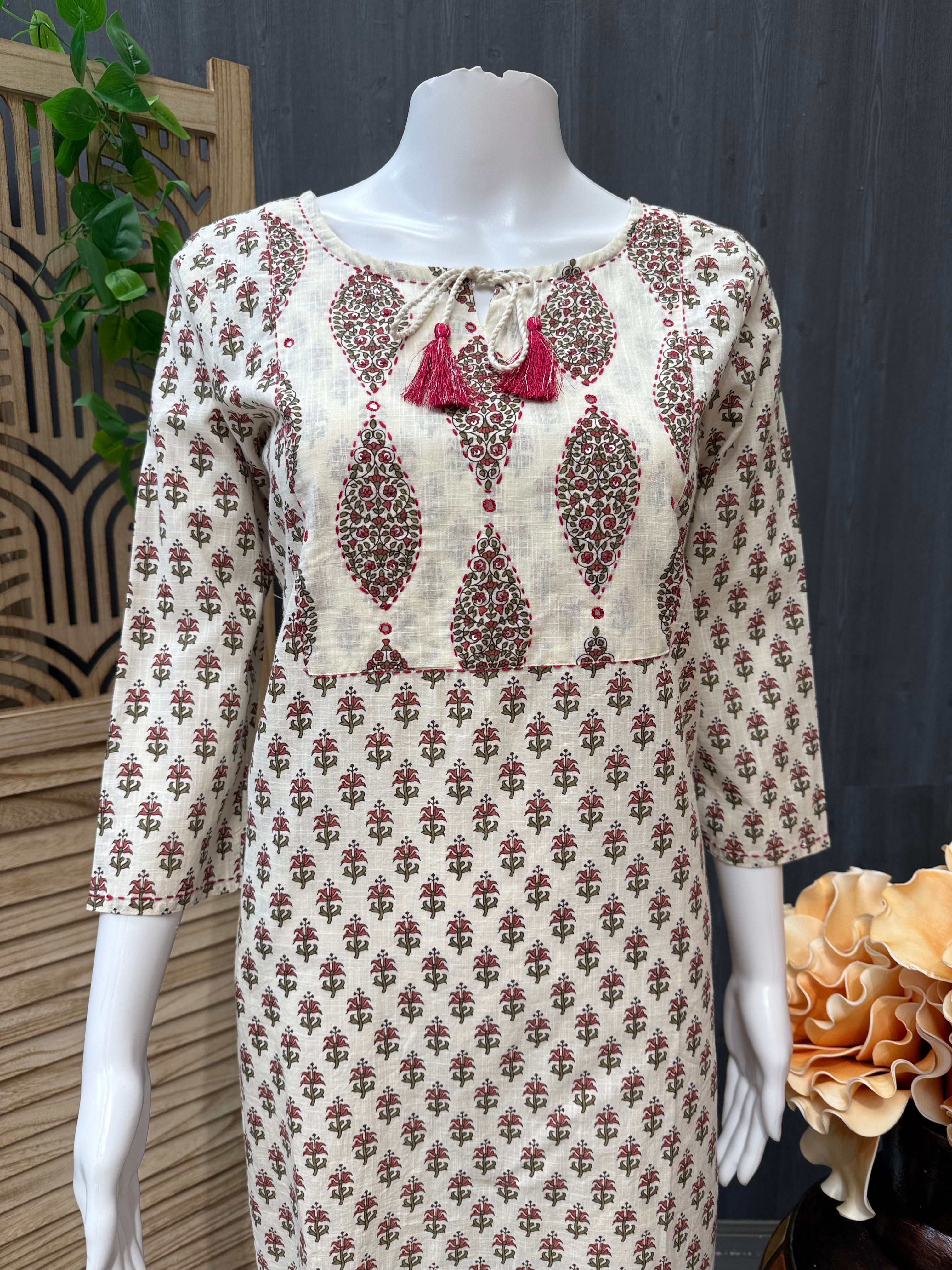Half White- Pure Cotton Kurti with Pocket- Size 36