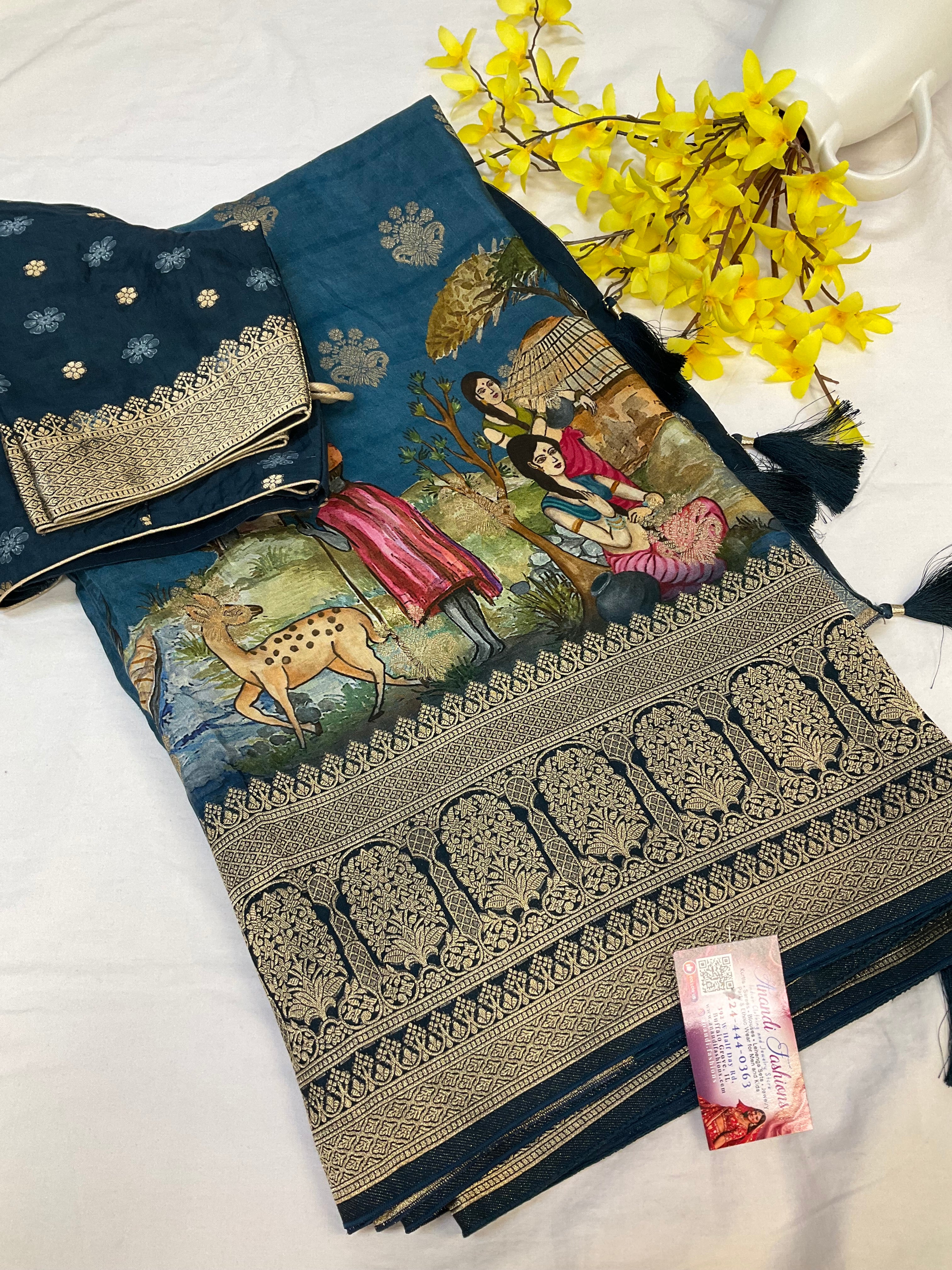 Teal blue Russian Silk saree with stitched blouse and fall pico done