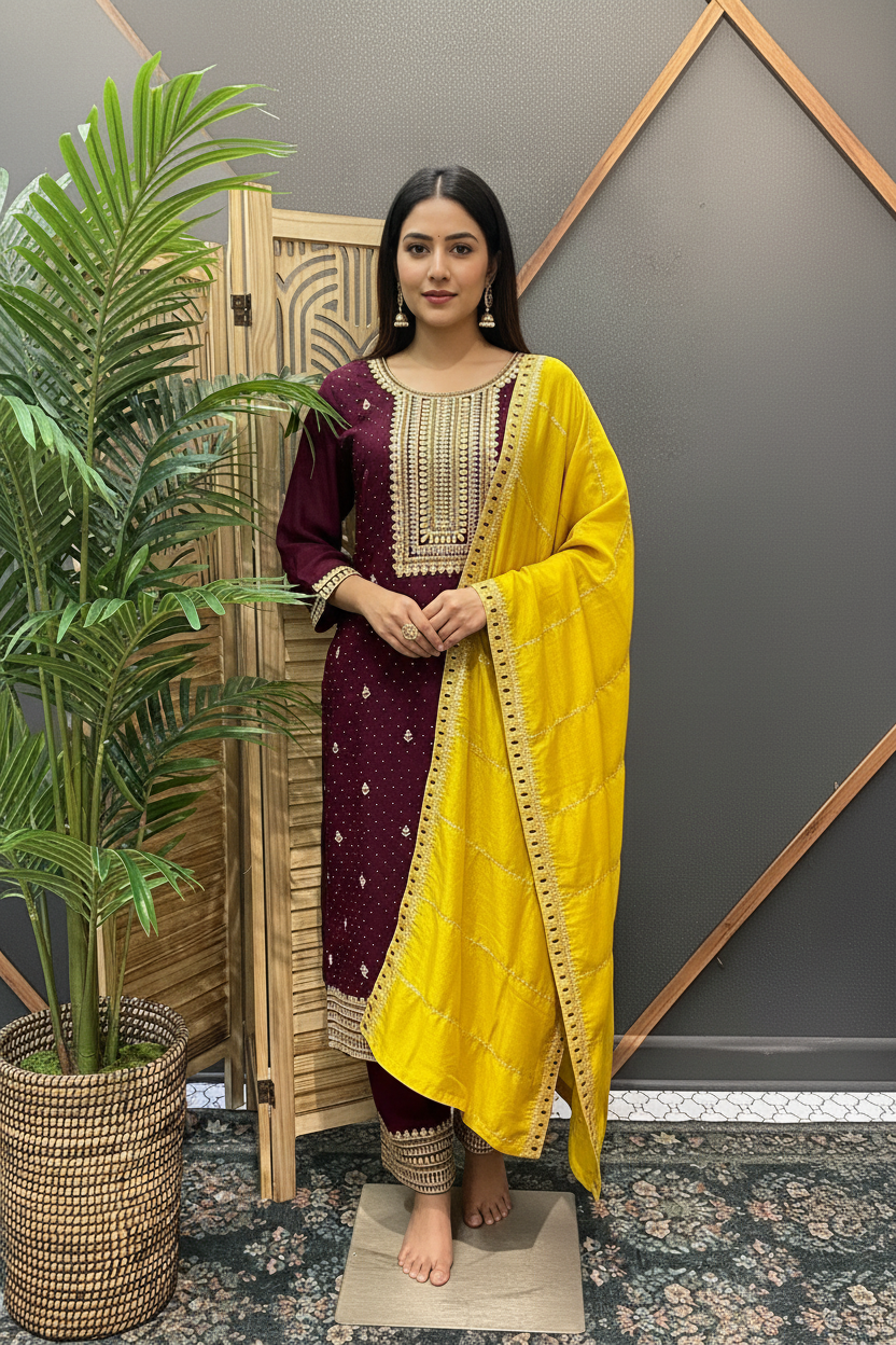 Size 38-Wine Color Party Wear Chudidhar/Kurti set