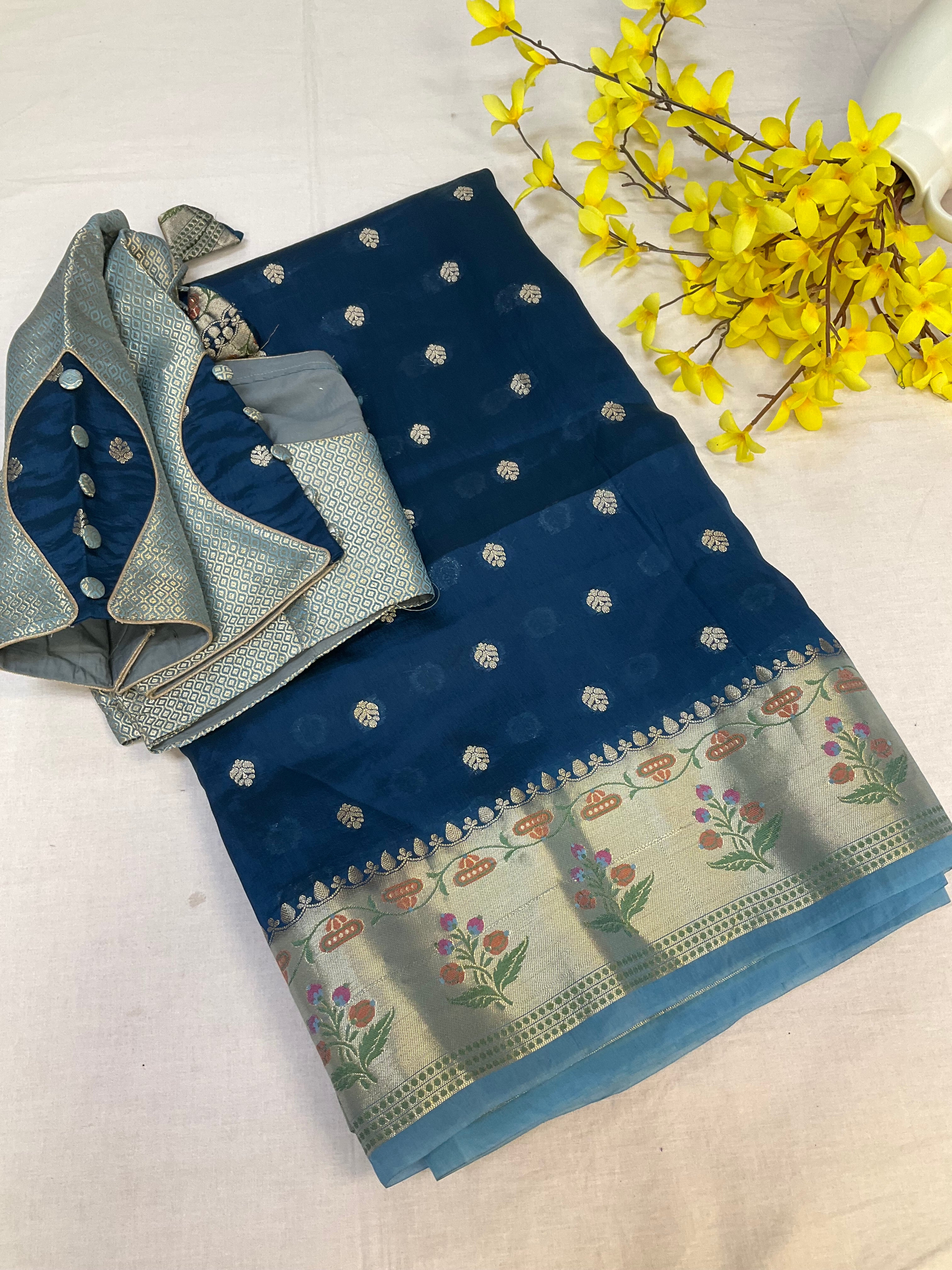 Blue Benarasi Silk saree with stitched Blouse