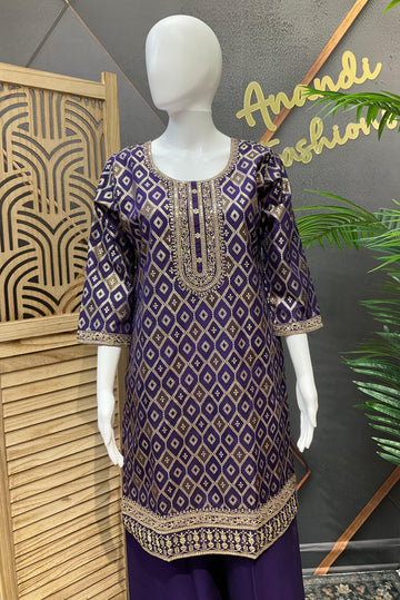 Purple Party Wear Palazzo Set - Full Brocade Design with Lining
