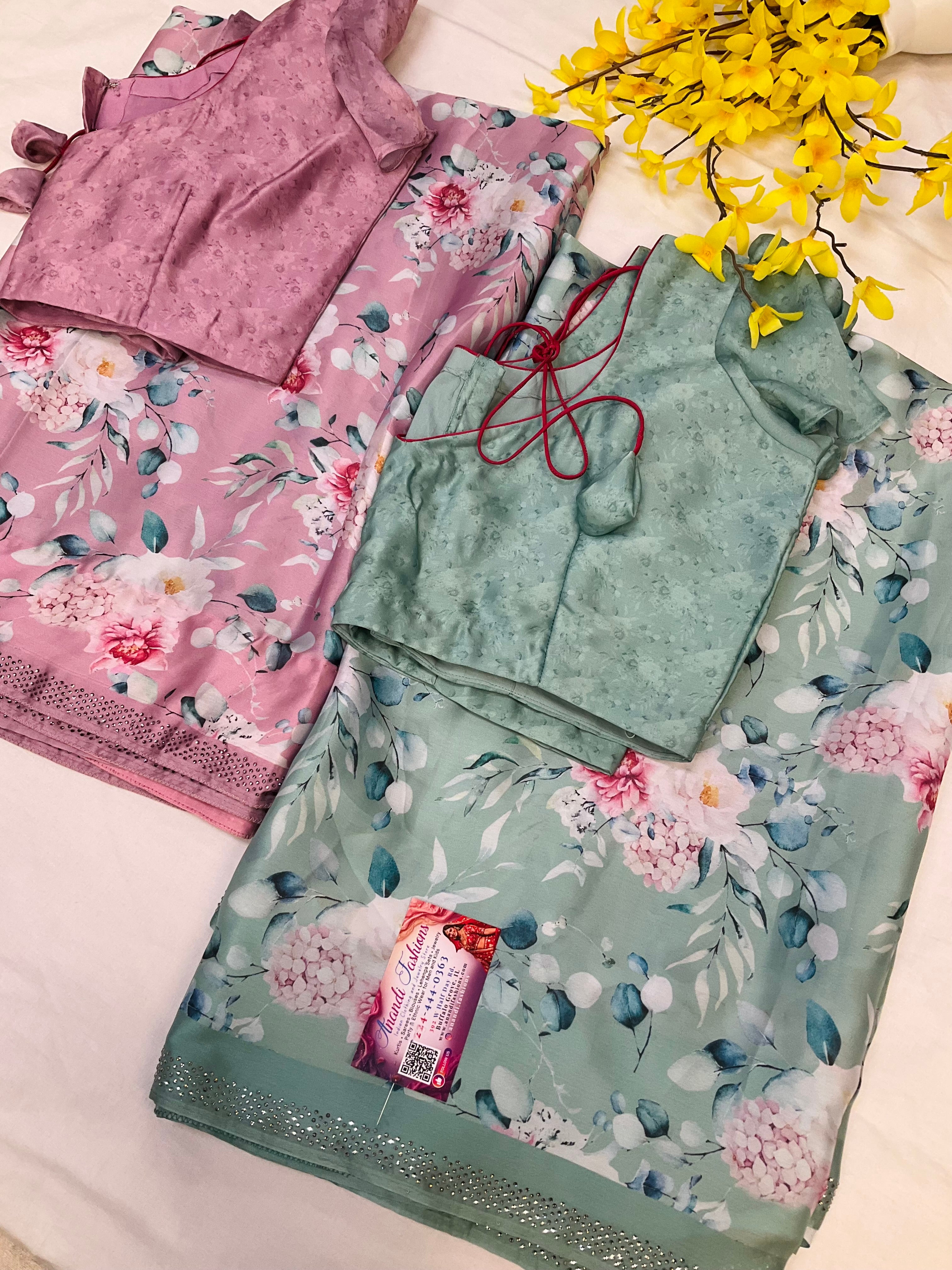 Crape Silk Digital print Floral sarees with stitched blouse