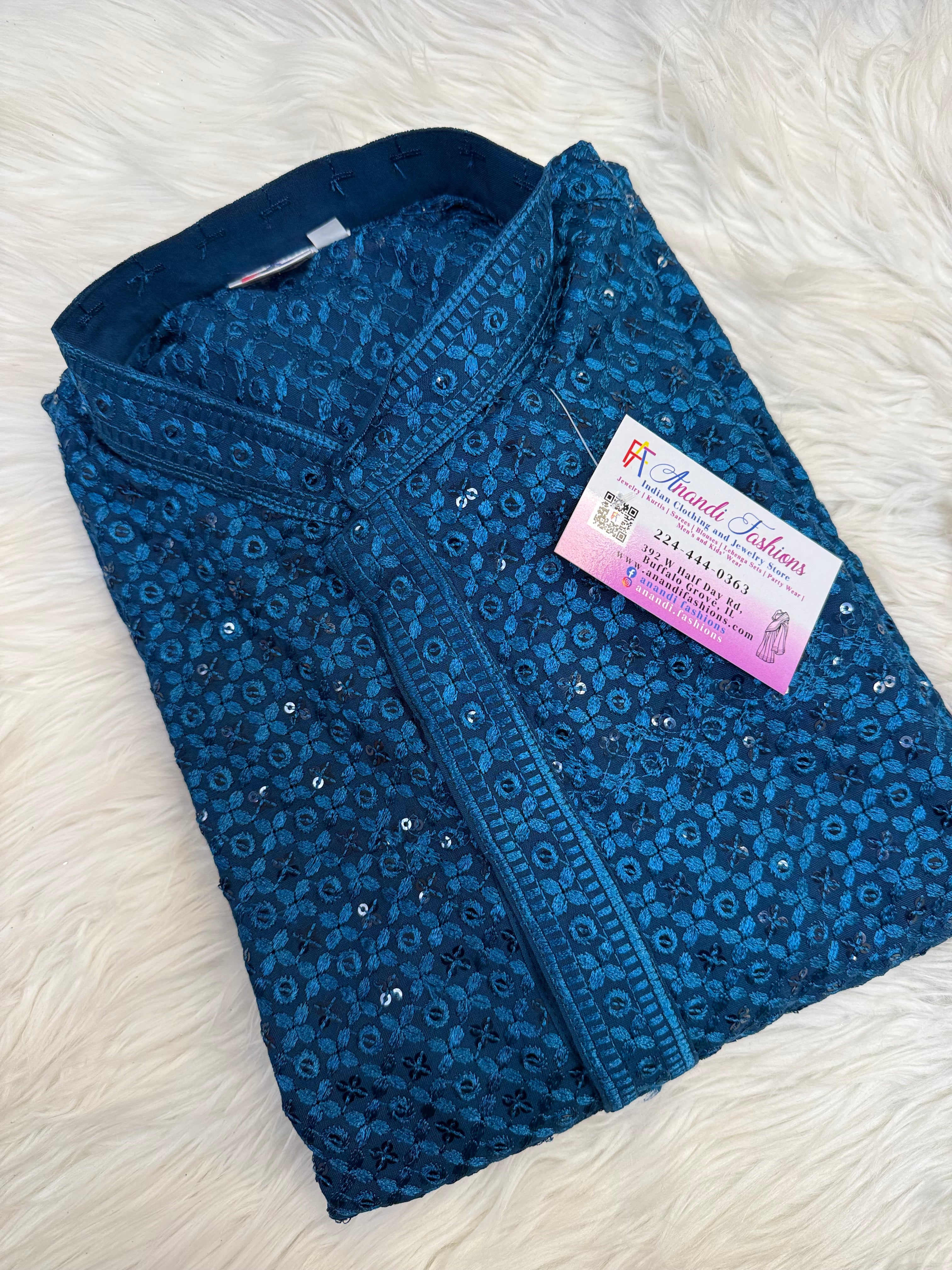 Peacock Blue Sequence Work Men’s Wear Kurta set