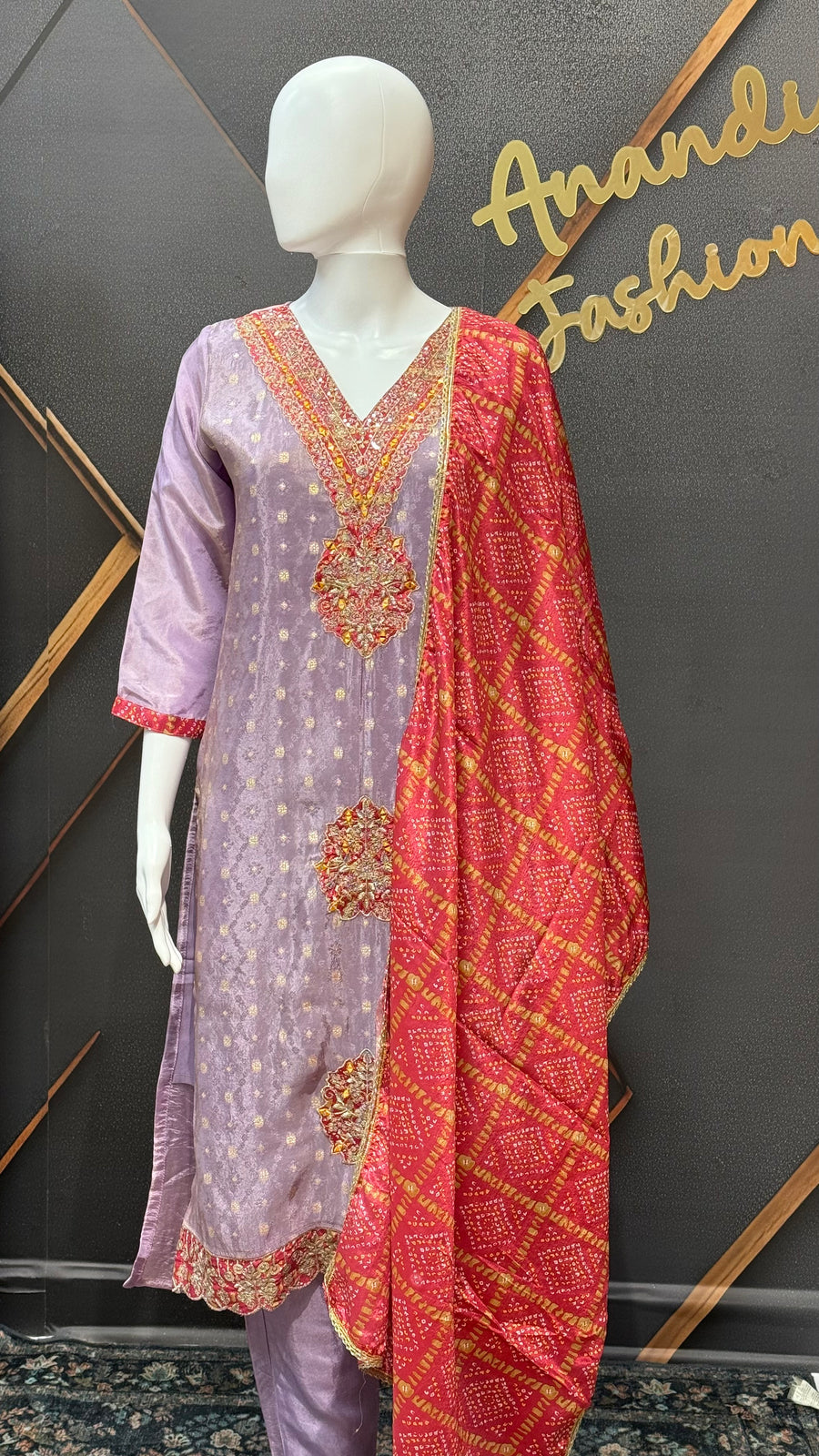 Lavender Kurti set with Bandhani Dupatta