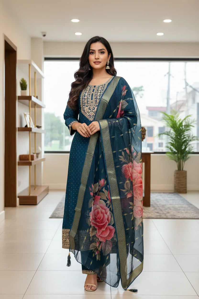 Peacock Blue Party Wear Anarkali Kurti Set - Digital Print Dupatta