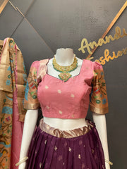 Wine & Baby Pink Silk Kota Half Saree set
