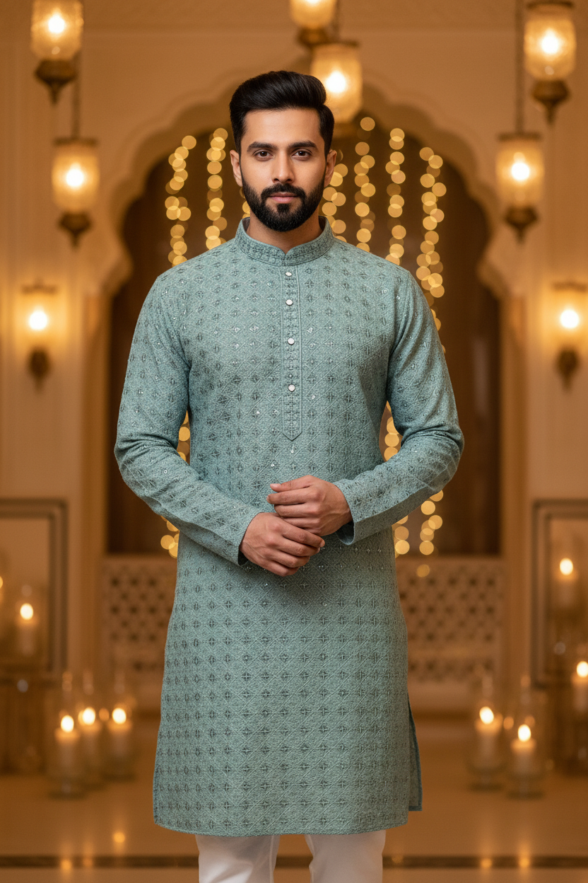 Men’s Pastel Green Chikankari Kurta Set – Plus Size - Mens - Kurta Set - Anandi Fashions