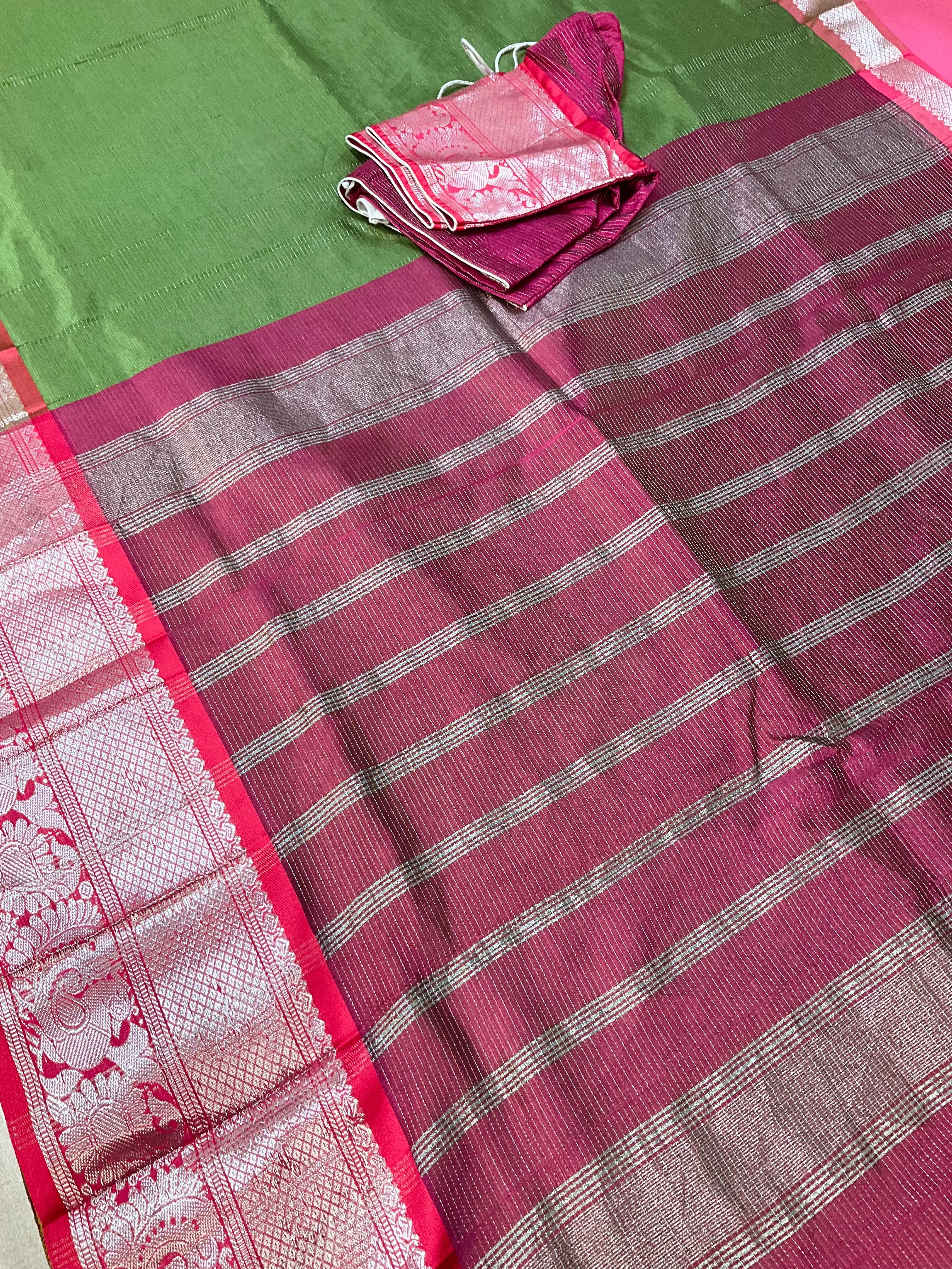 Mangalagiri Green Silk Saree with Stitched Blouse