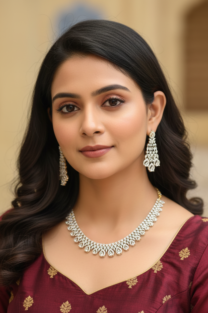 Elegant woman wearing diamond necklace and earrings paired with maroon ethnic outfit at Anandi Fashions