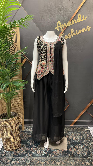 Black Sharara Set with Embroidery Work - Party Wear