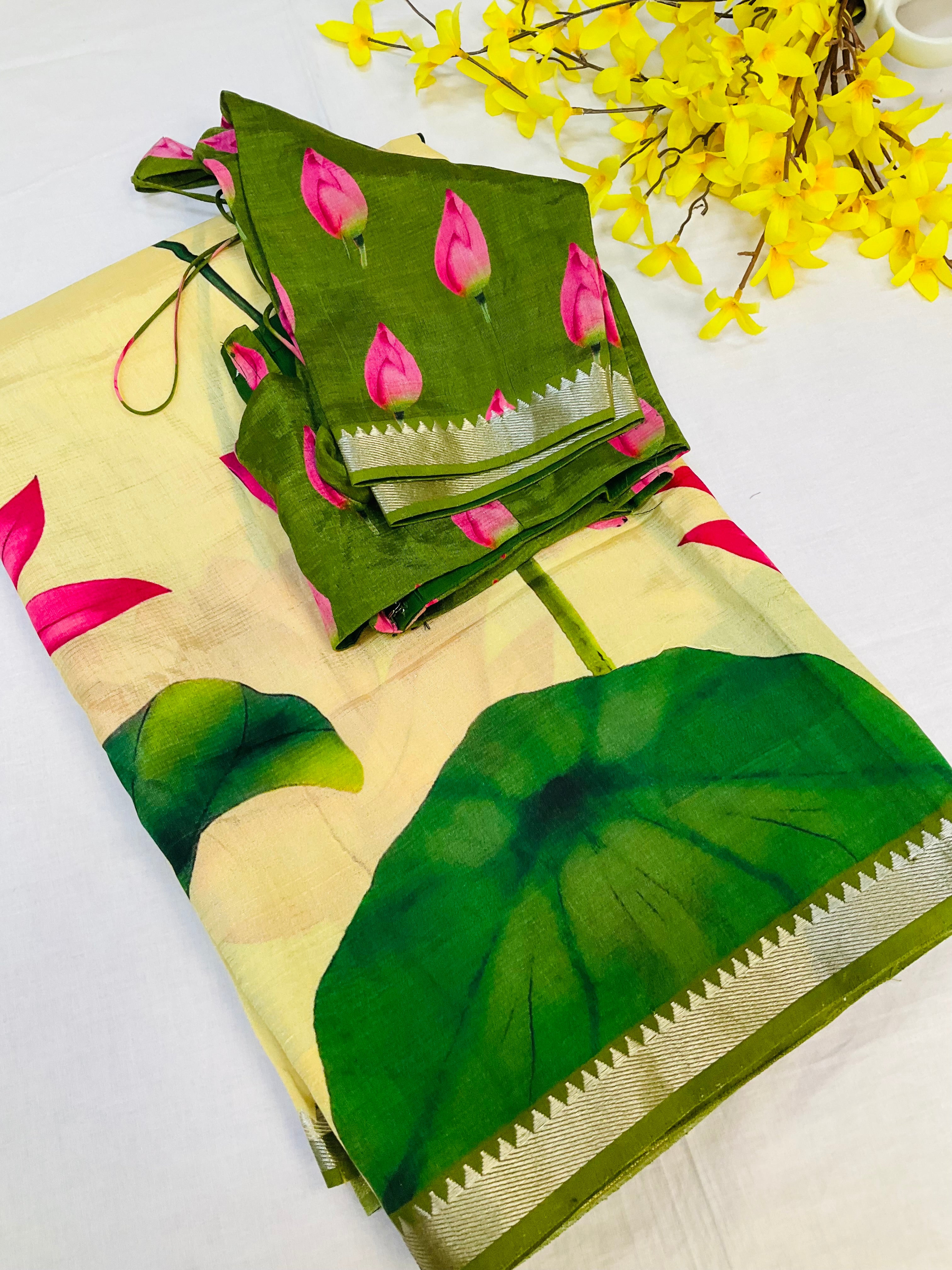Mangalagiri Silk Digital Print Lotus Saree with stitched Blouse