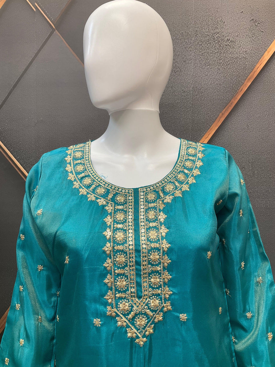 Ocean Rama Party Wear Palazzo Set - Shimmery with Gold Zari