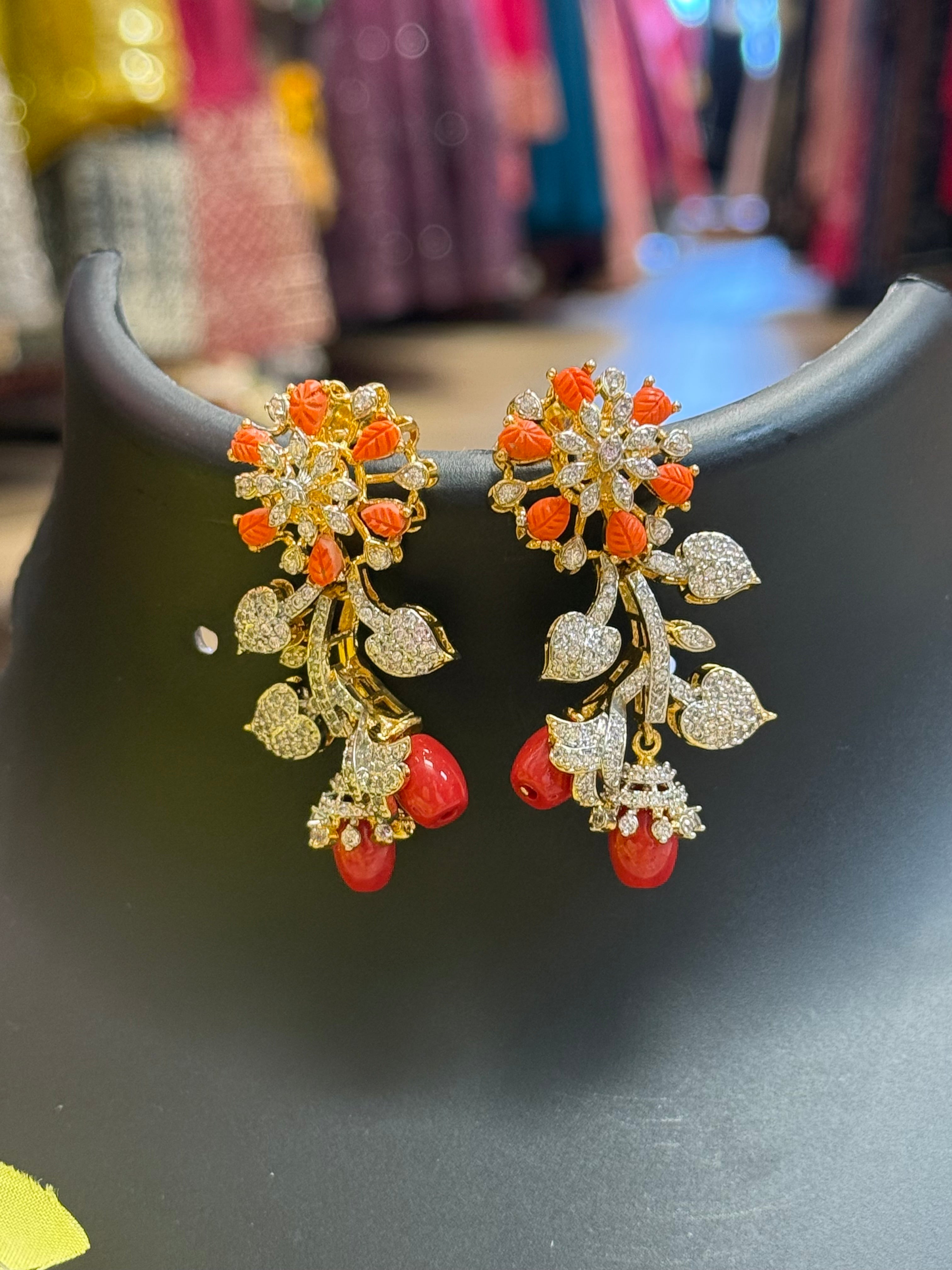 Coral - Party Wear CZ Earrings/Jhumkas