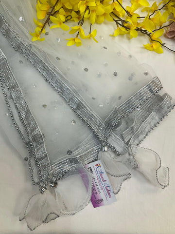 Silver Net Dupatta with Hangings