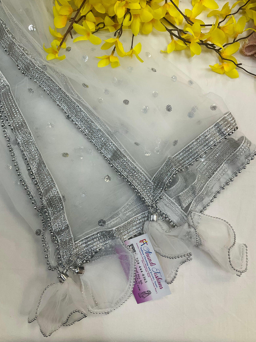 Silver Net Dupatta with Hangings
