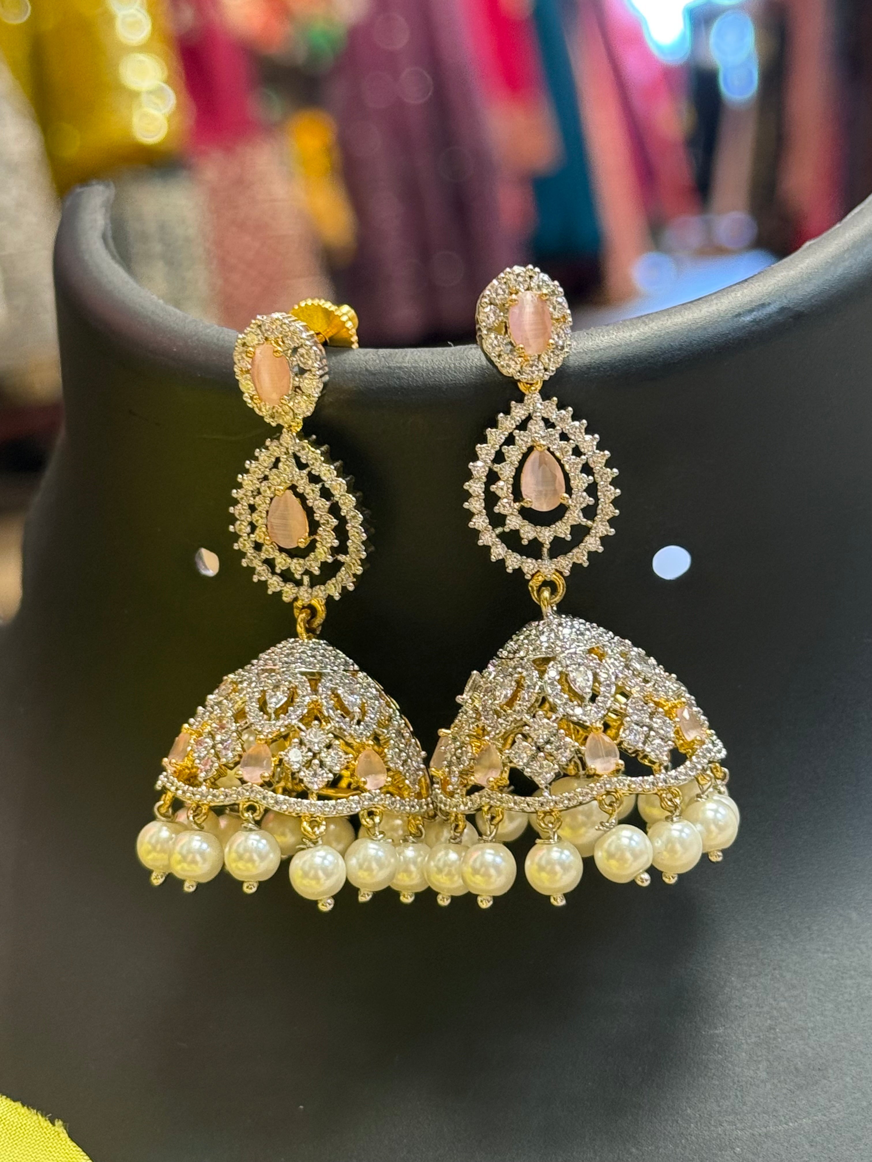Party Wear CZ Jhumkas/Earrings with Baby Pink Stones