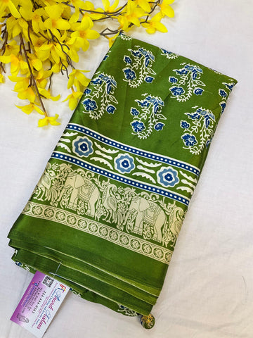 Semi Modal silk Mehandi green Ajrakh saree