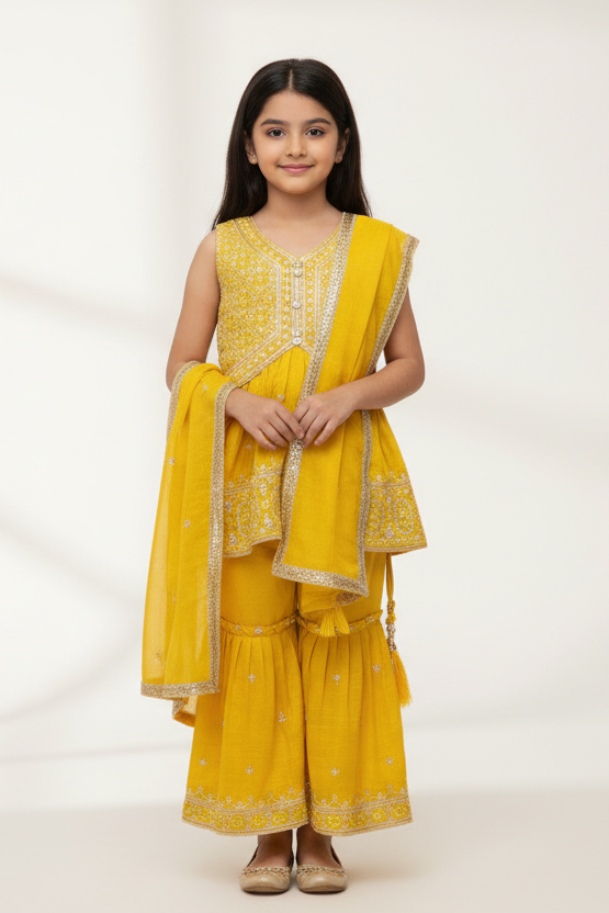 Young girl wearing a yellow traditional outfit on a white background