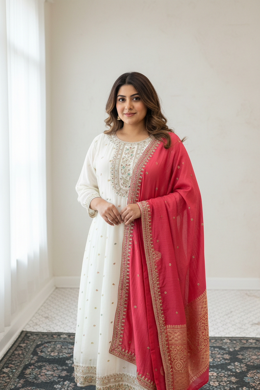 Plus Size Off White Anarkali Kurti Set