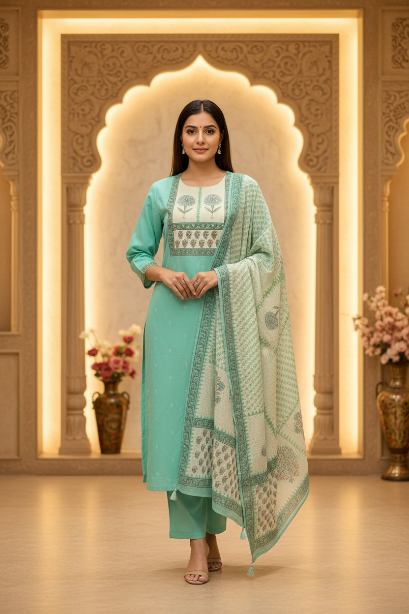 Plus Size Jaipur Cotton Sea Green Kurti set