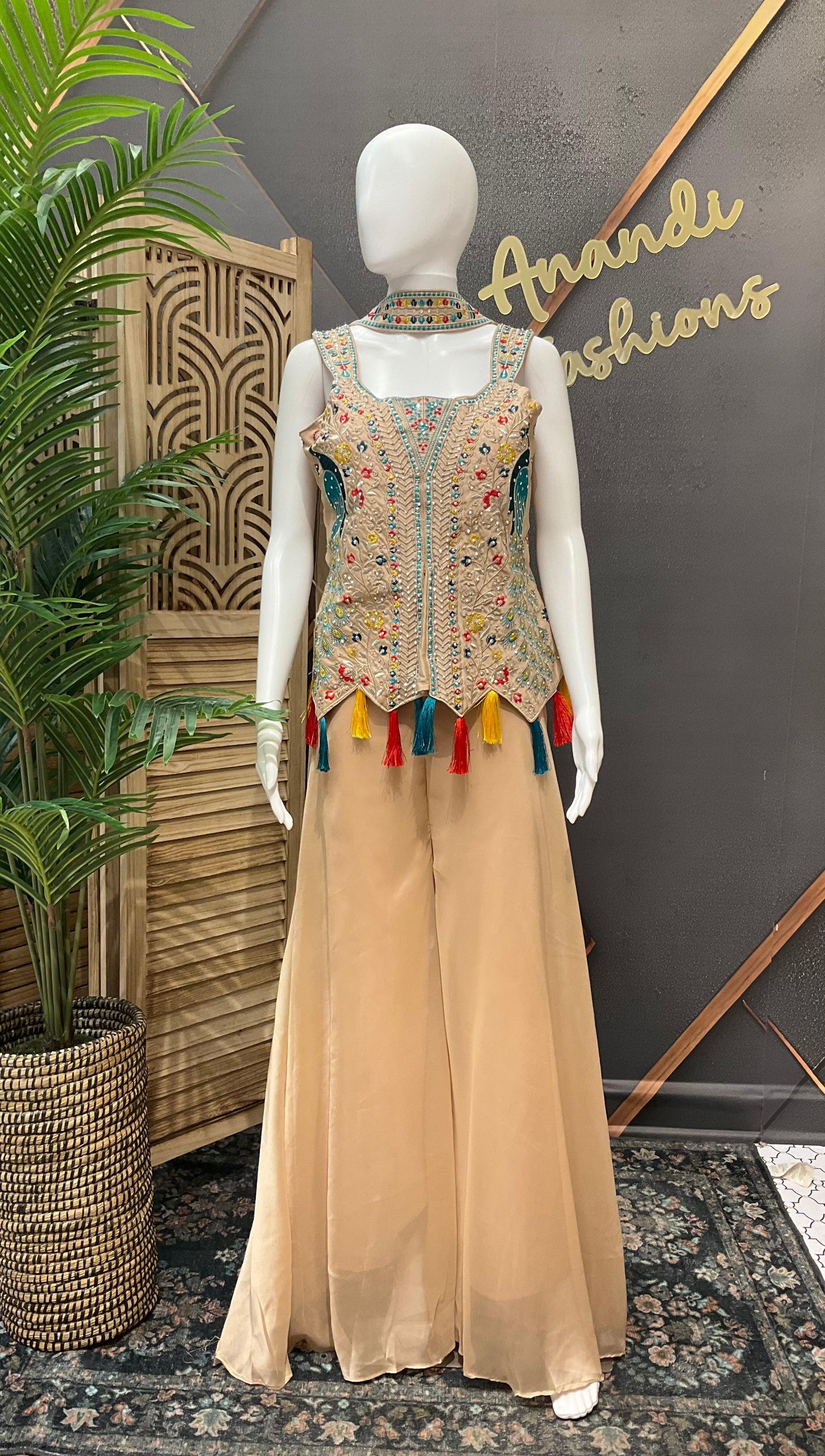 Party Wear Palazzo Set - Peacock Design | Satin Silk