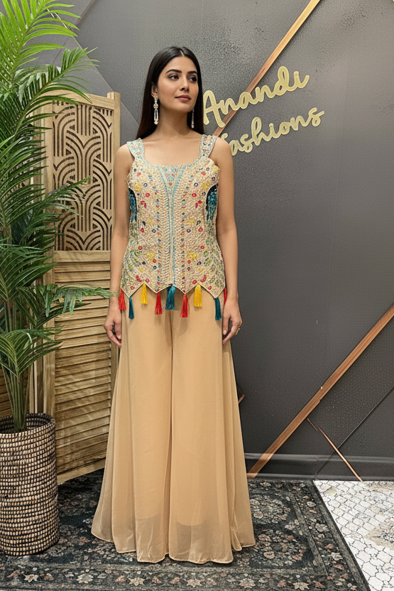 Party Wear Palazzo Set - Peacock Design | Satin Silk