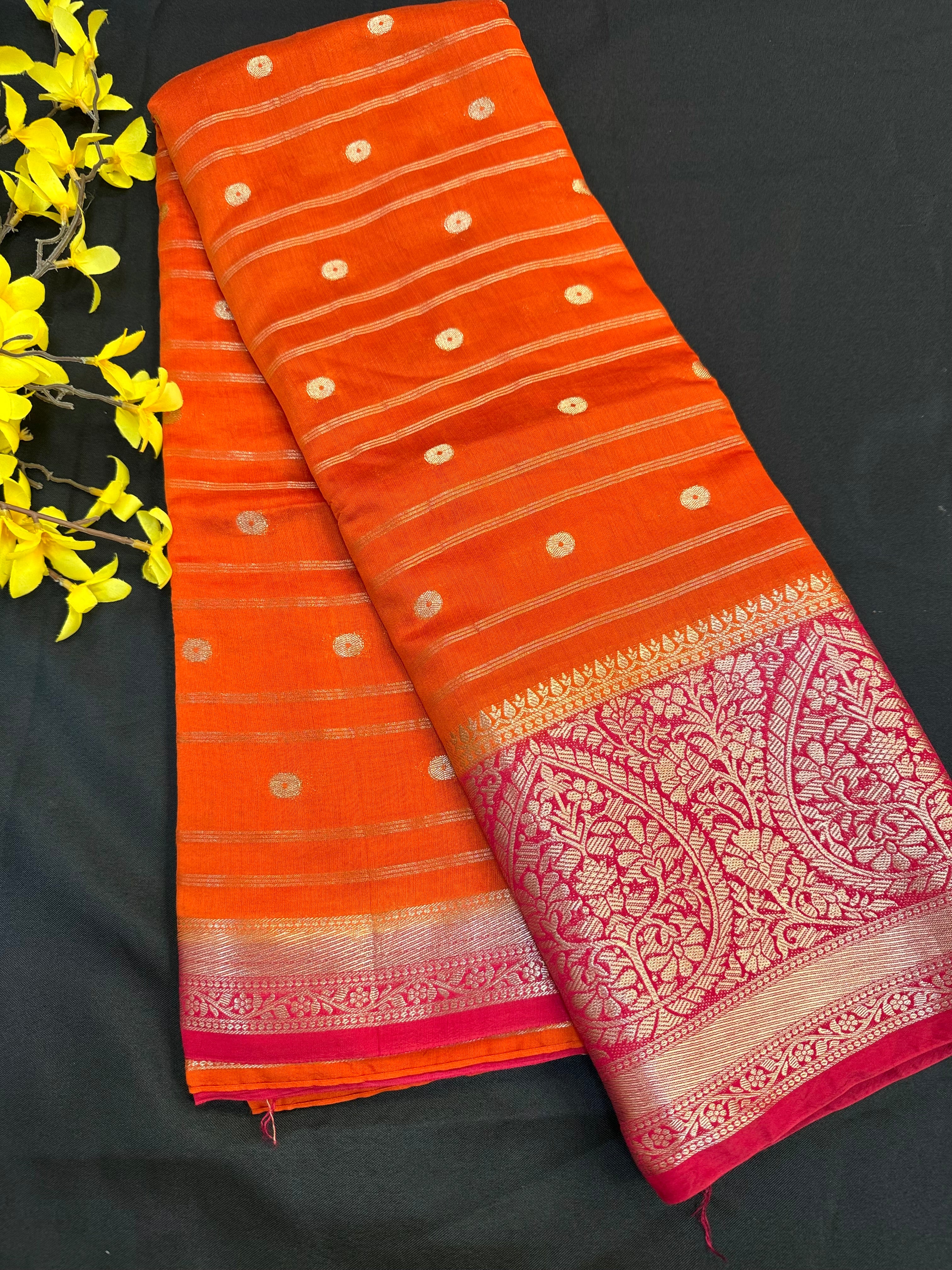 Semi Silk Orange Sareee with Pink Border