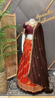 Rust Orange Benarasi Half Saree/ Lehenga set