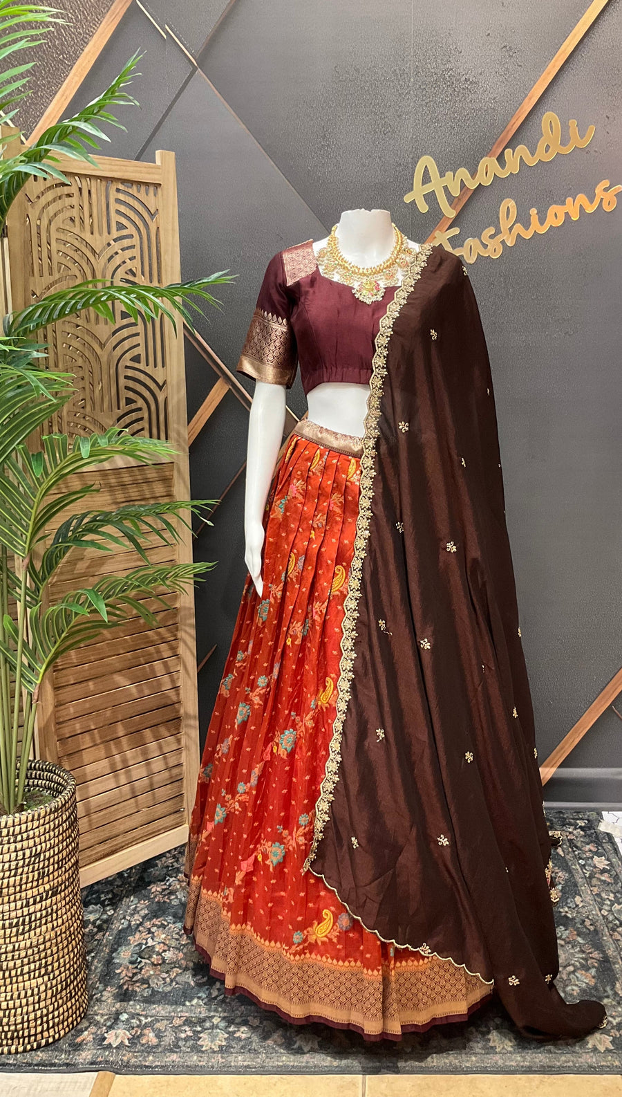 Rust Orange Benarasi Half Saree/ Lehenga set