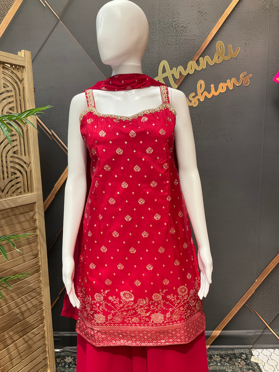 Pink Benarasi Silk Sleeveless Palazzo Set