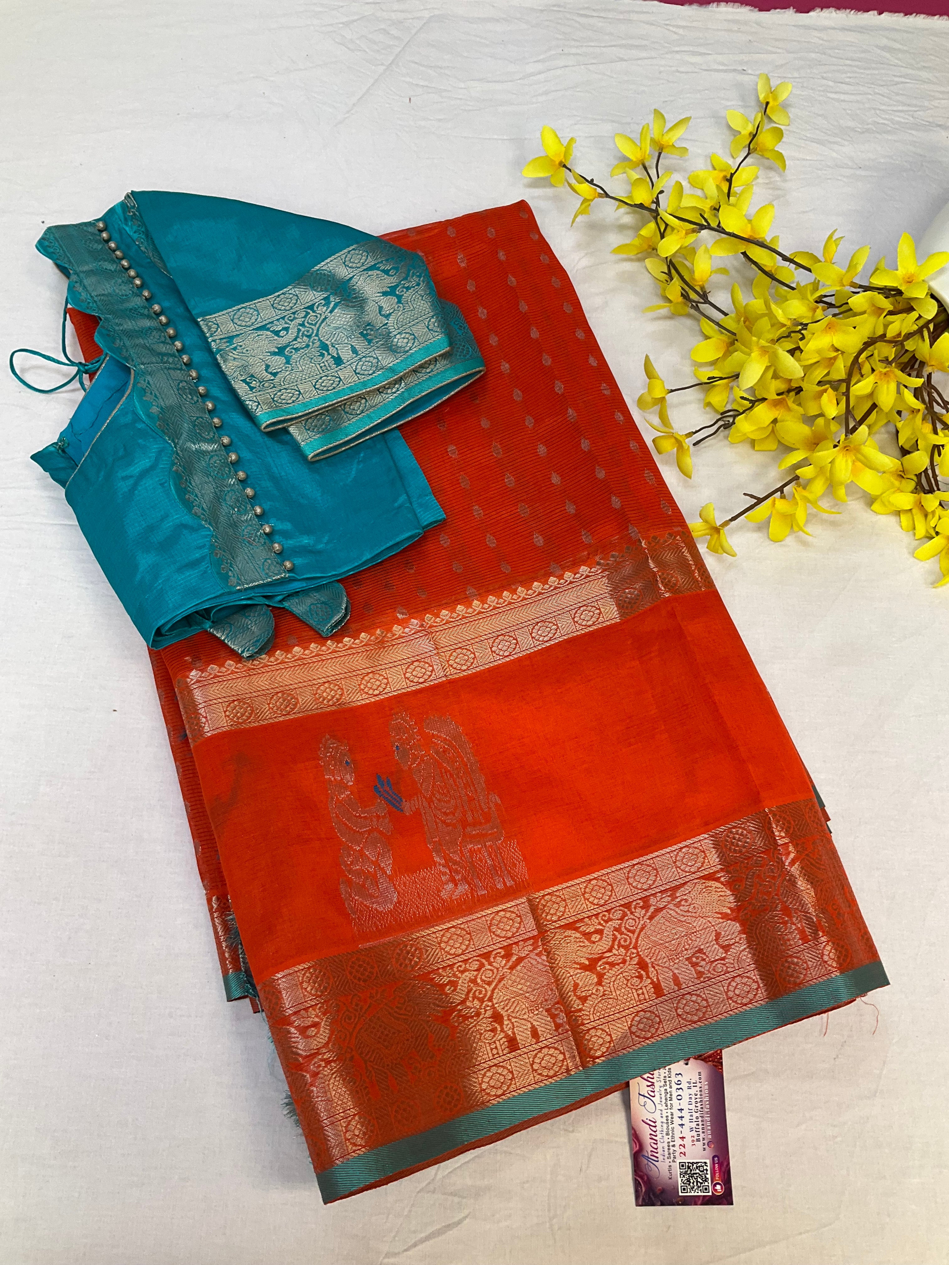 Orange Mangalagiri Silk Handloom saree with stitched blouse