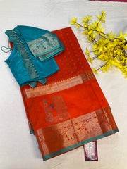 Orange Mangalagiri Silk Handloom saree with stitched blouse