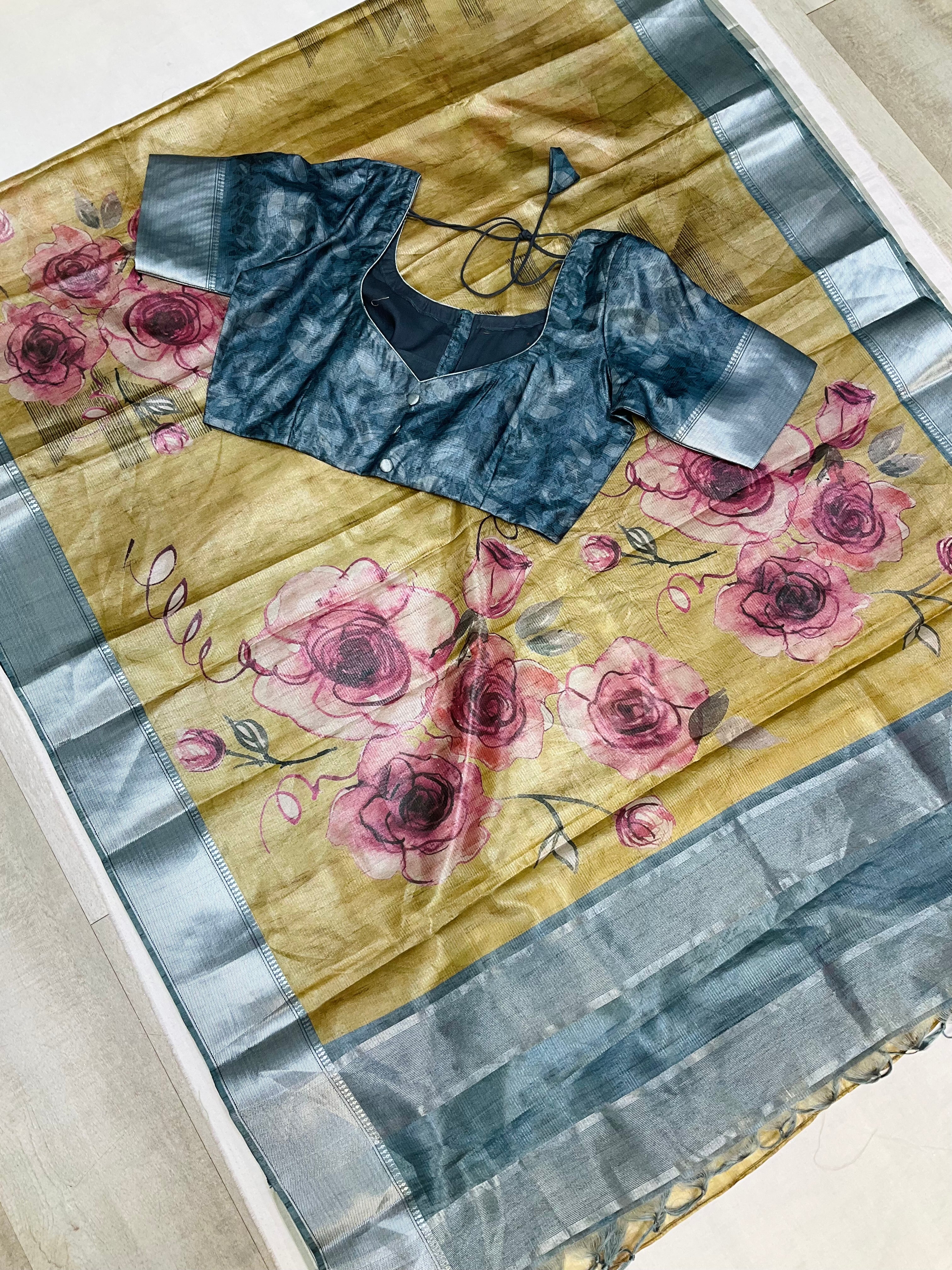 Floral Print Tussar Silk Saree with  Stitched blouse - fall pico done