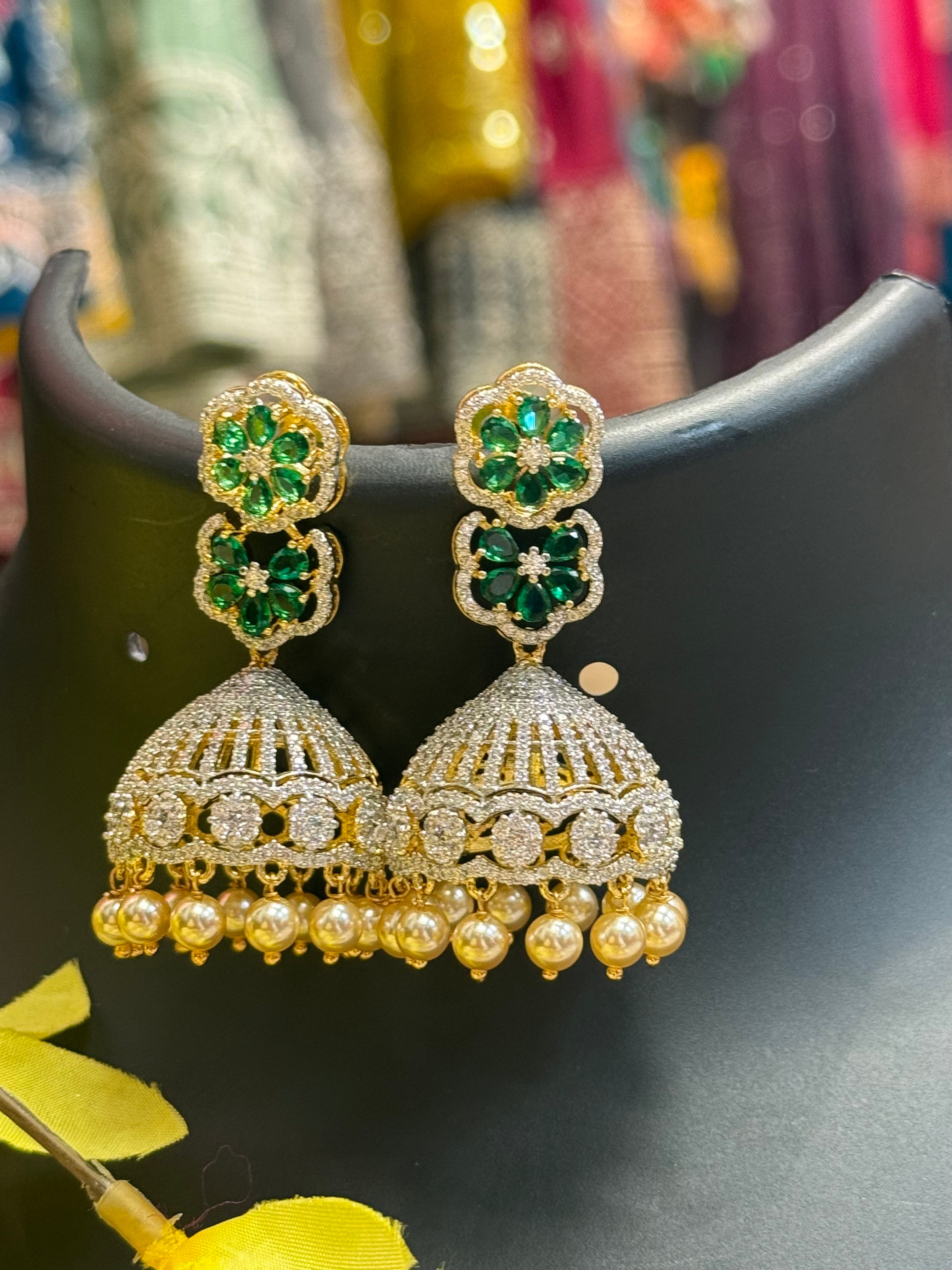 CZ Party Wear Jhumkas/Earrings with Flower Studs
