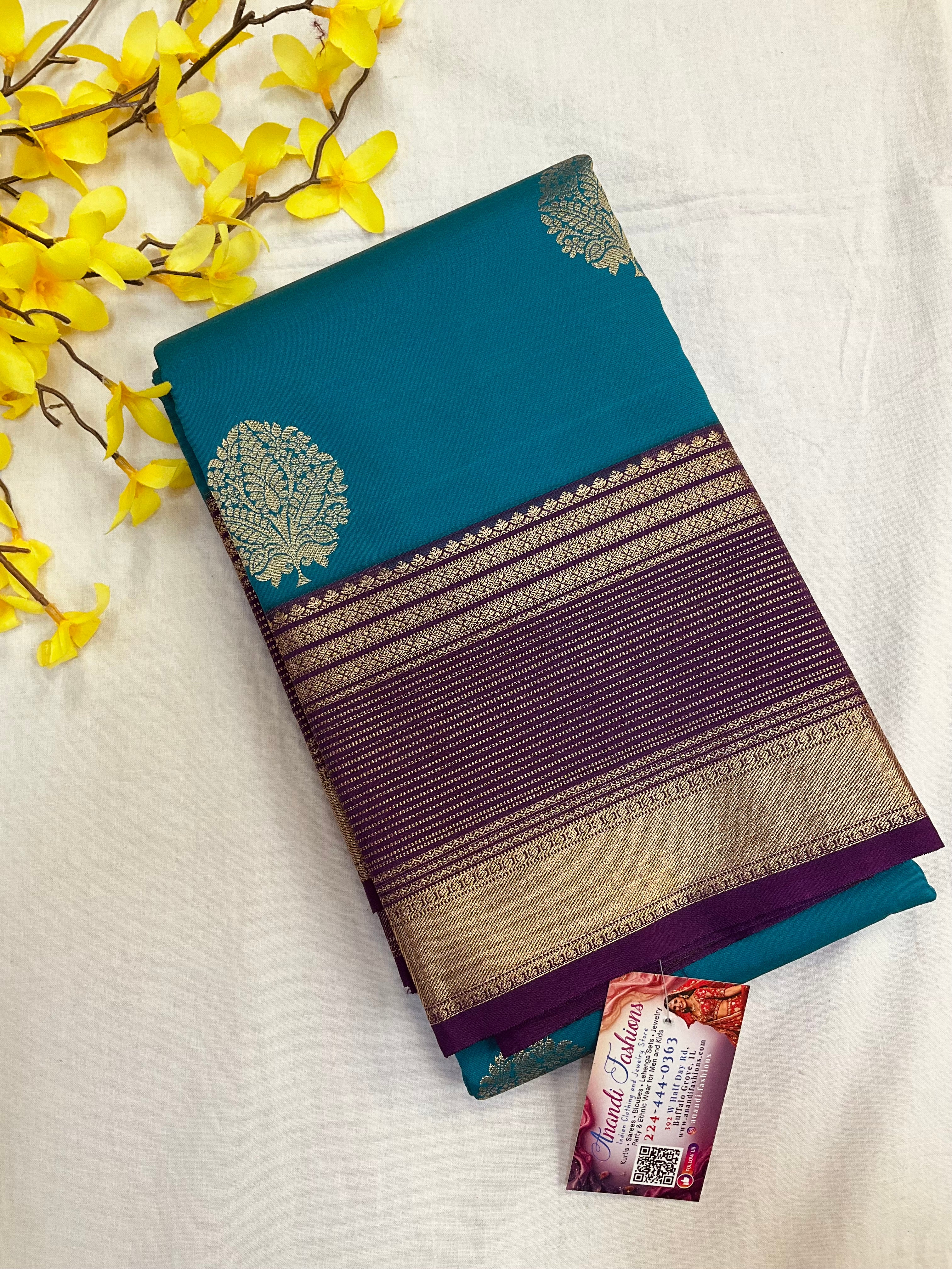 Blue Semi Kanjeevaram Silk Saree with Vintage Border