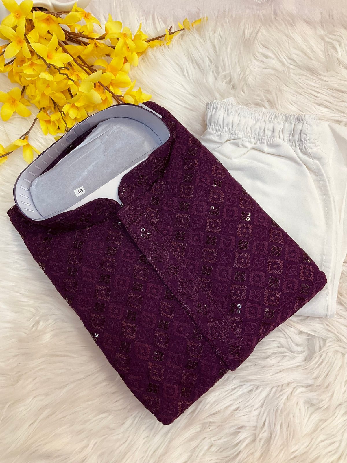 Wine Chikankari Mens Wear Kurta sets