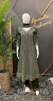Green Georgette Anarkali Kurti Set Size 42 - Silver Zari Party Wear