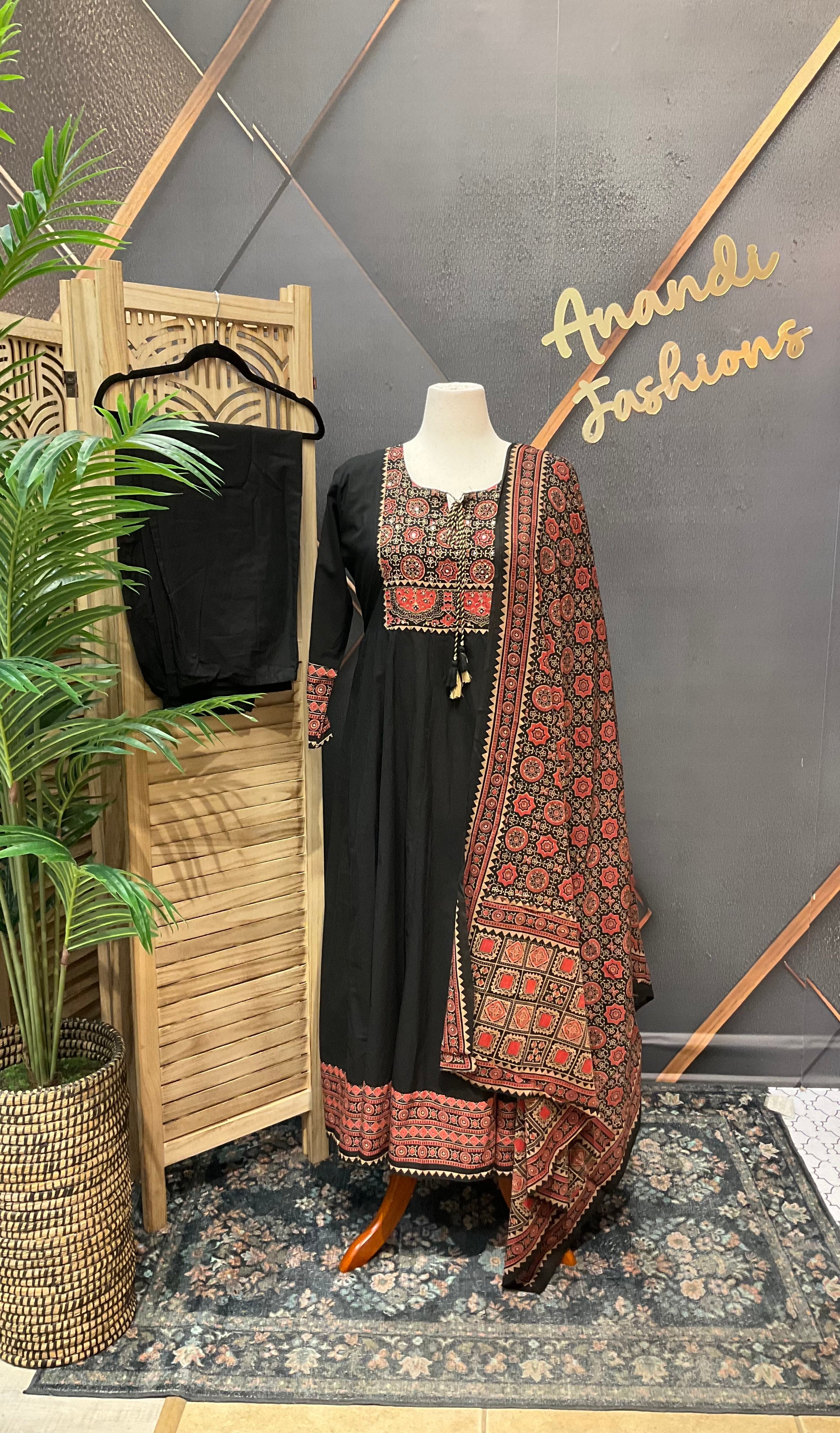 Women's Black Plus Size Cotton Anarkali
