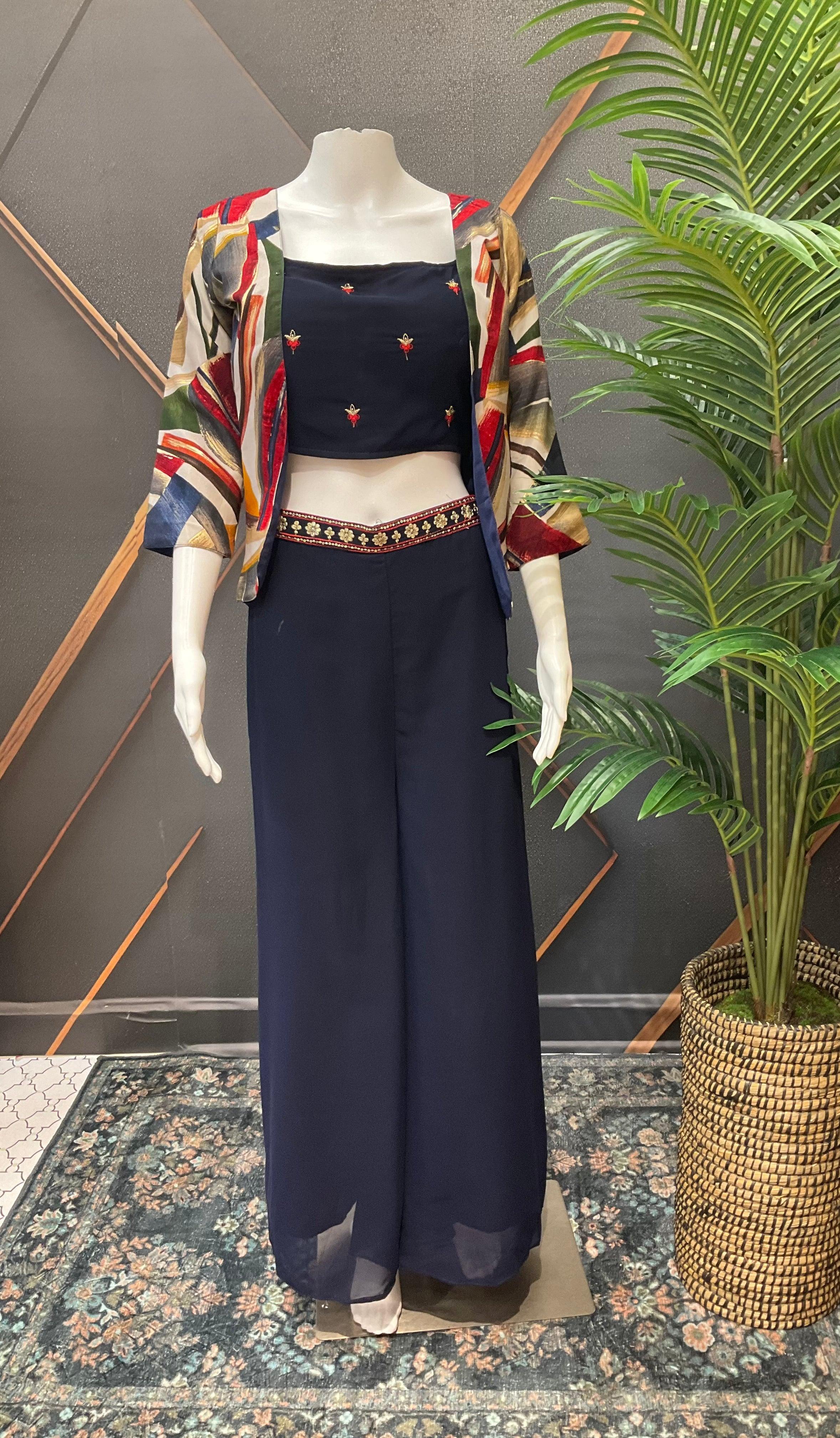Navy Blue Party Wear Crop Top Palazzo Set with Vest