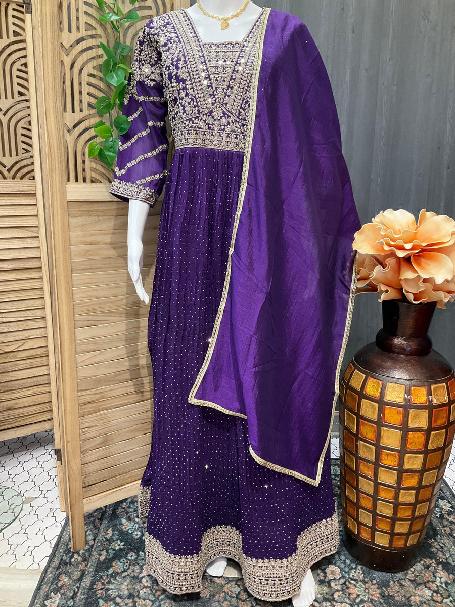 Violet Vichitra Silk Party Dress Size 38 | Stone Work Long Gown for Women