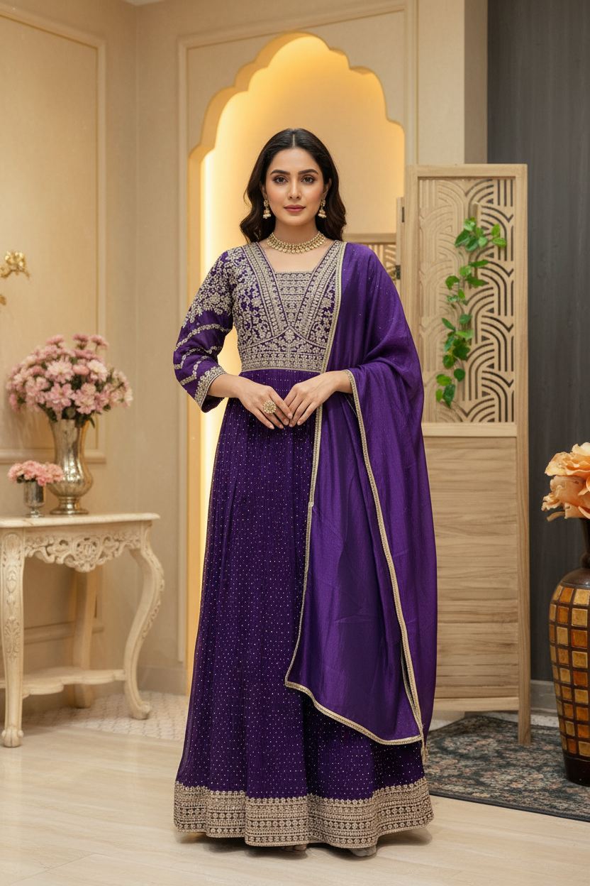 Violet Stone Work Party Gown - Vichitra Silk Size 38