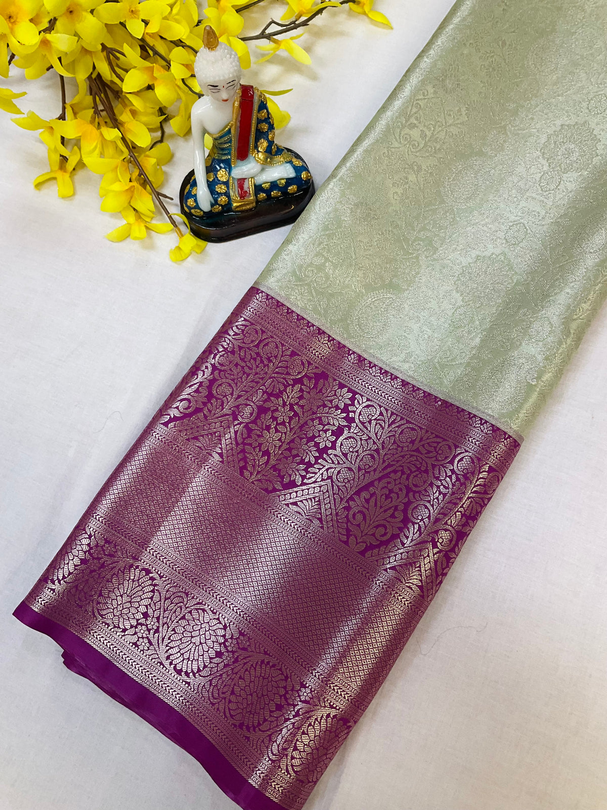 Semi Silk Kanjeevaram Mint Green & Purple Border Saree