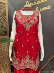 Red Party Wear Sharara Set Size 40 - Glass Tissue with Embroidery