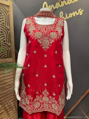 Red Party Wear Sharara Set Size 40 - Glass Tissue with Embroidery
