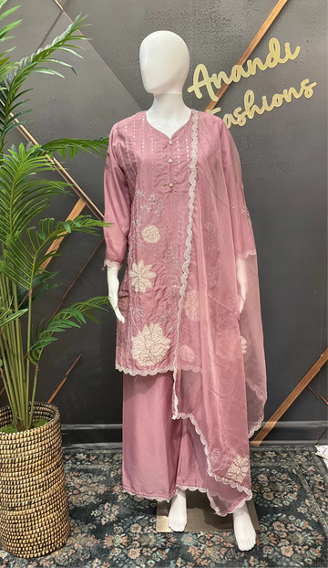 Party Wear Sharara Set with Patch Work - Satin Silk Embroidery
