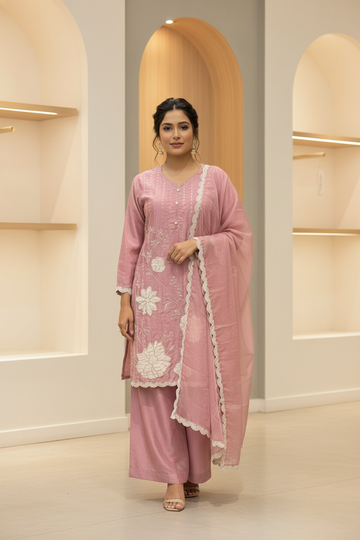 Size 44-Party Wear Sharara Set with Patch Work - Satin Silk Embroidery