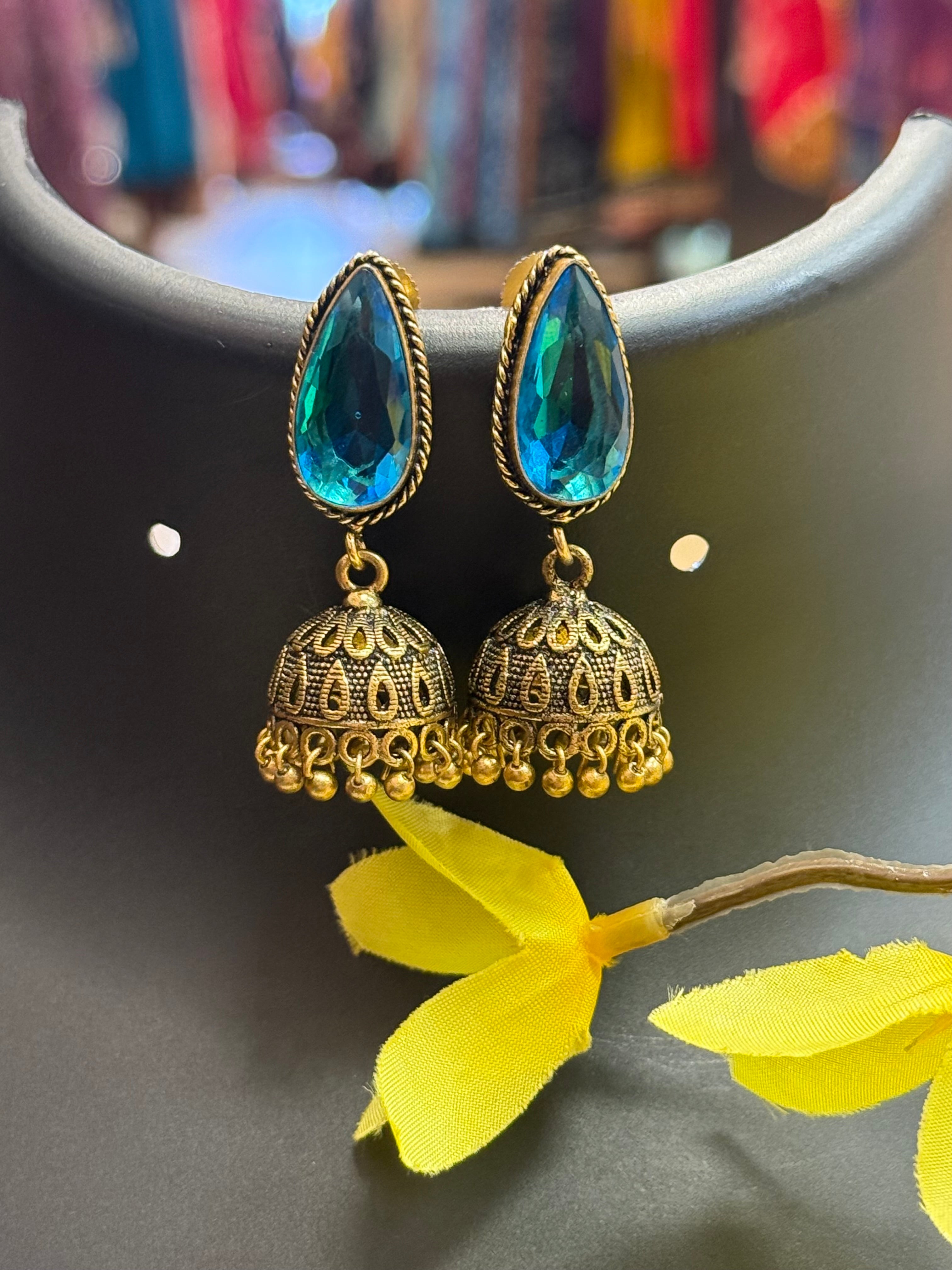 Copper Jhumkas/Earrings with Colored Stones