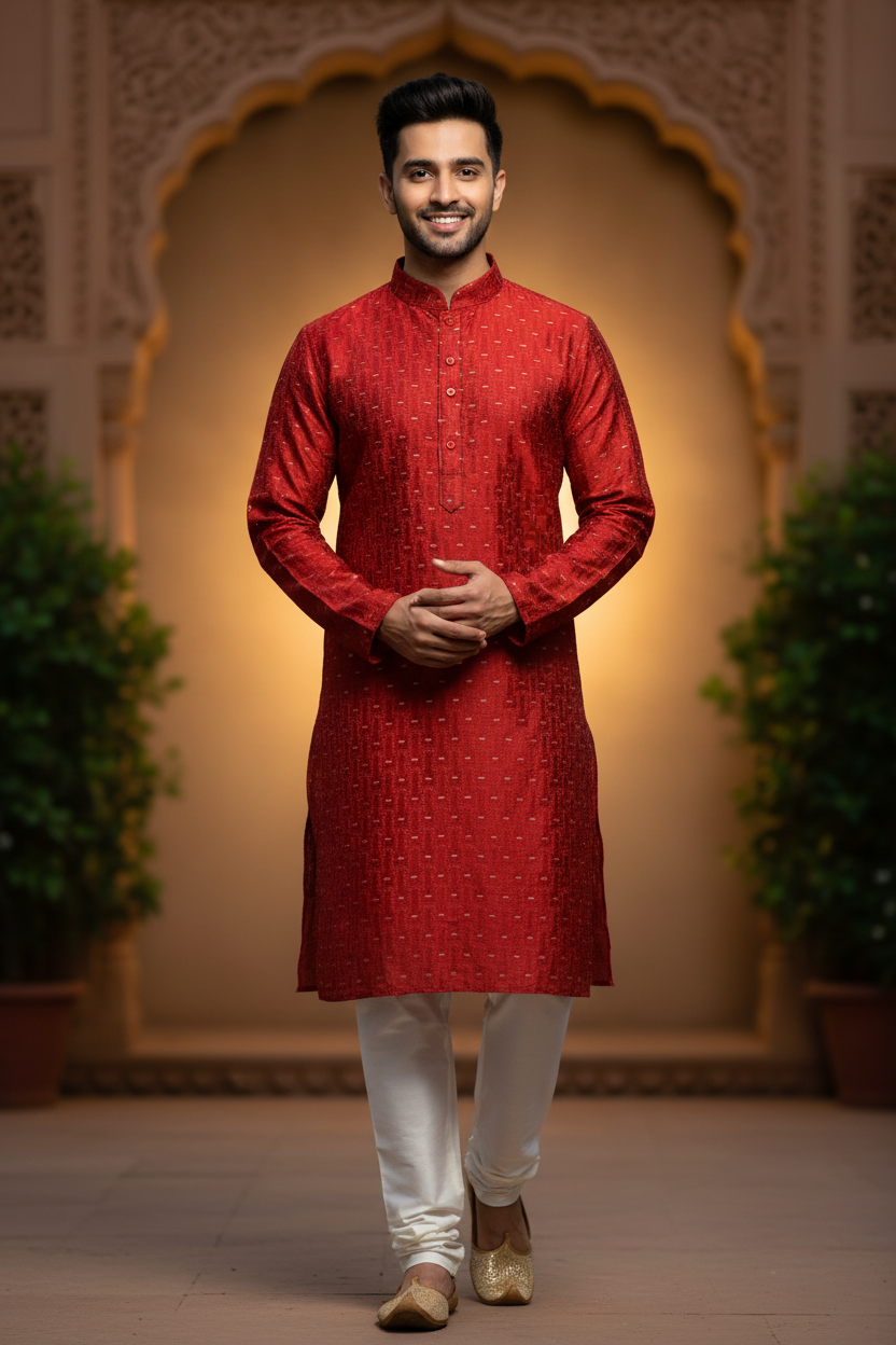 Men’s Red Kurta Set - Mens - Kurta Set - Anandi Fashions