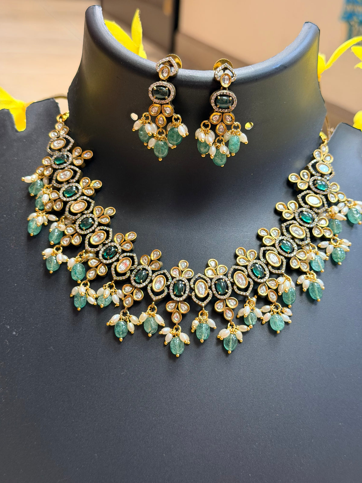 Victorian Necklace set With Green Beads