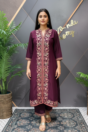 Plus Size Wine Embroidered Silk Palazzo Set